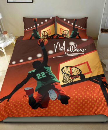 Personalized Basketball Duvet Cover Set, Basketball Boy Slam Dunk Player Gift Orange Duvet Cover & Pillowcases, Custom Name Number Bedding Set
