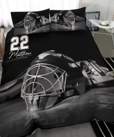 Personalized Hockey Duvet Cover Set, Hockey Helmet Player Gift Idea Black Grey Duvet Cover & Pillowcases, Custom Name Number Bedding Set