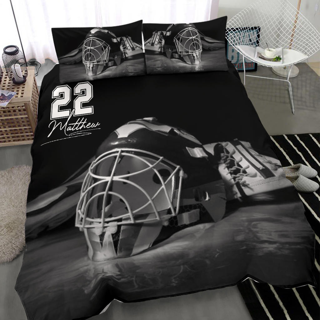 Personalized Hockey Duvet Cover Set, Hockey Helmet Player Gift Idea Black Grey Duvet Cover & Pillowcases, Custom Name Number Bedding Set