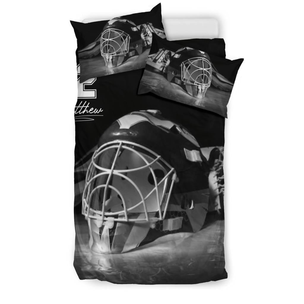 Personalized Hockey Duvet Cover Set, Hockey Helmet Player Gift Idea Black Grey Duvet Cover & Pillowcases, Custom Name Number Bedding Set - Image 2