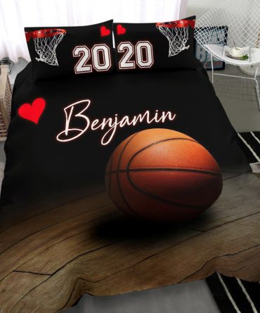 Personalized Basketball Duvet Cover Set, Basketball Ball Heart Love Player Gift Idea Duvet Cover & Pillowcases, Custom Name Number Bedding Set