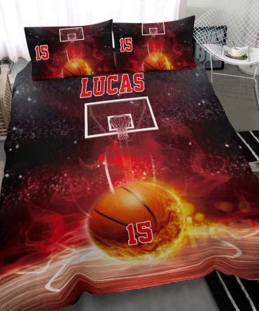 Personalized Basketball Duvet Cover Set, Basketball Red Fire Ball Player Gift Idea Duvet Cover & Pillowcases, Custom Name Number Bedding Set