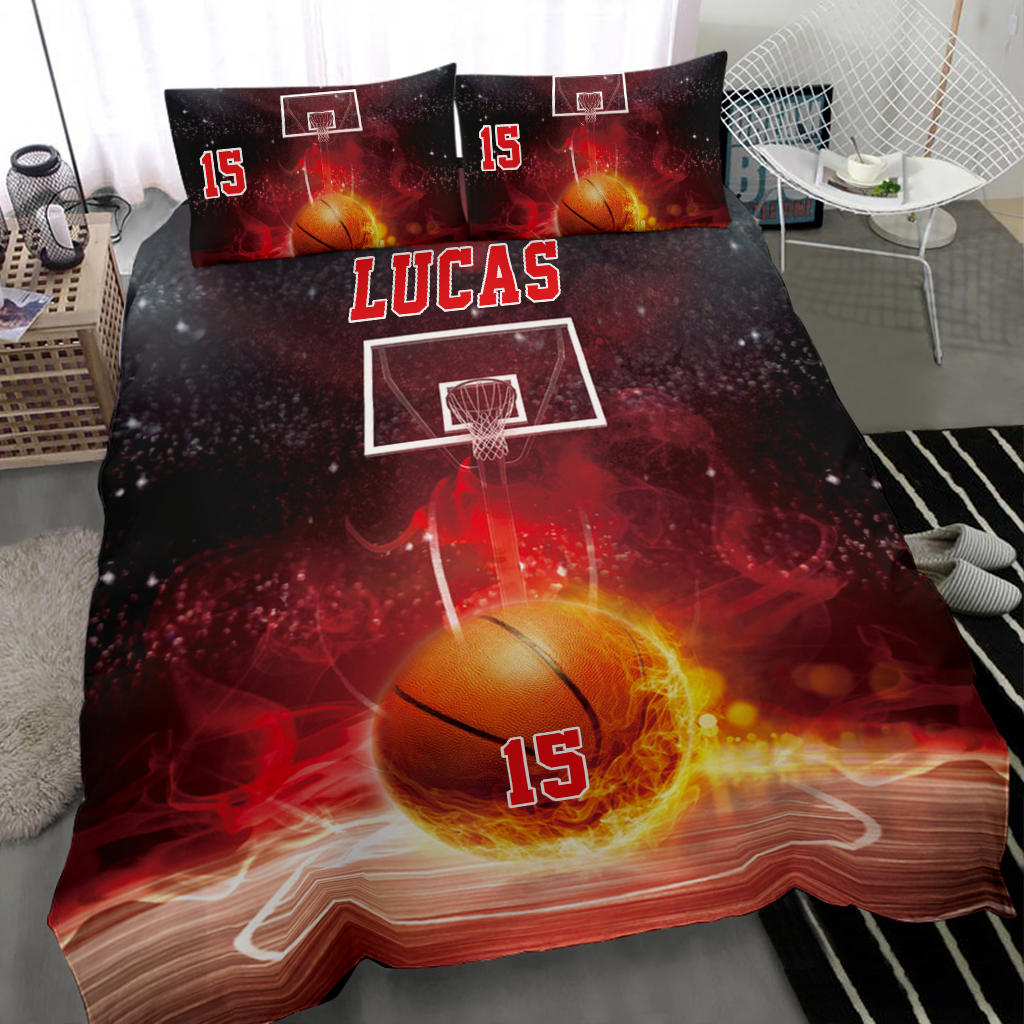 Personalized Basketball Duvet Cover Set, Basketball Red Fire Ball Player Gift Idea Duvet Cover & Pillowcases, Custom Name Number Bedding Set