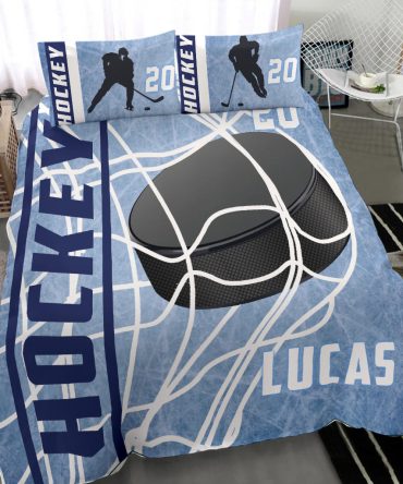 Personalized Hockey Duvet Cover Set, Ice Hockey Puck Player Gift Idea Blue Duvet Cover & Pillowcases, Custom Name Number Bedding Set
