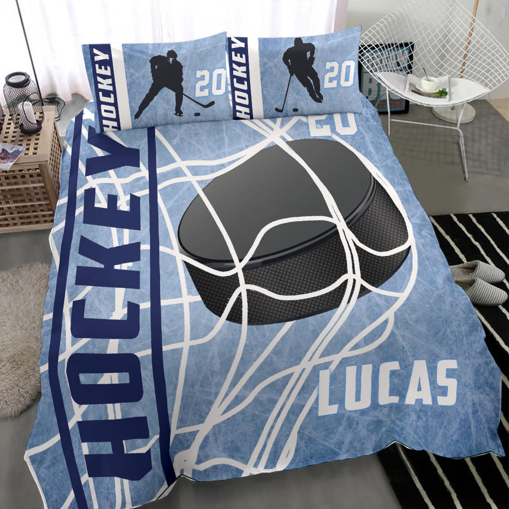 Personalized Hockey Duvet Cover Set, Ice Hockey Puck Player Gift Idea Blue Duvet Cover & Pillowcases, Custom Name Number Bedding Set - Image 2