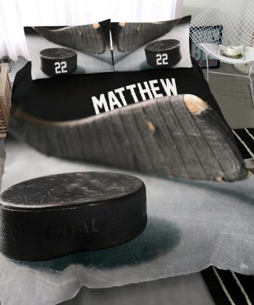 Personalized Hockey Duvet Cover Set, Ice Hockey Puck Stick Player Gift Idea Duvet Cover & Pillowcases, Custom Name Number Bedding Set