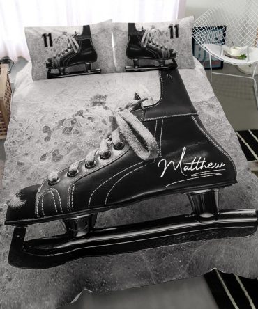Personalized Hockey Duvet Cover Set, Hockey Skate Shoes Player Gift Vintage Grey Duvet Cover & Pillowcases, Custom Name Number Bedding Set