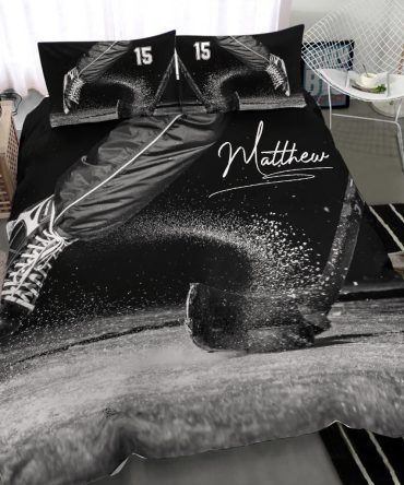 Personalized Hockey Duvet Cover Set, Ice Hockey Stick Puck Player Gift Idea Black Duvet Cover & Pillowcases, Custom Name Number Bedding Set