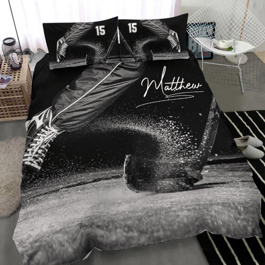 Personalized Hockey Duvet Cover Set, Ice Hockey Stick Puck Player Gift Idea Black Duvet Cover & Pillowcases, Custom Name Number Bedding Set