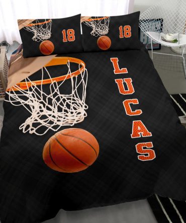 Personalized Basketball Duvet Cover Set, Basketball Ball 3D Printed Player Gift Black Duvet Cover & Pillowcases, Custom Name Number Bedding Set