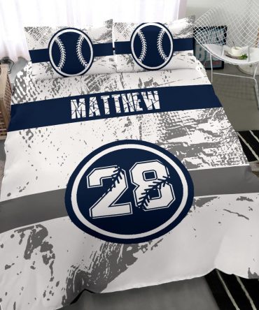 Personalized Baseball Duvet Cover Set, Baseball Blue Player Gift Idea White Duvet Cover & Pillowcases, Custom Name Number Bedding Set