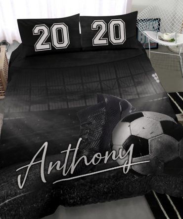 Personalized Soccer Duvet Cover Set, Soccer Ball Shoes Player Gift Idea Black Duvet Cover & Pillowcases, Custom Name Number Bedding Set