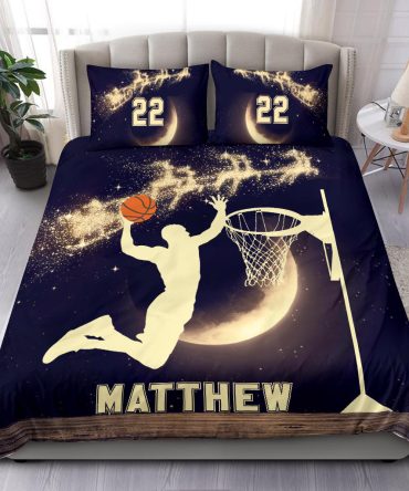 Personalized Basketball Duvet Cover Set, Basketball Moon Christmas Xmas Player Gift Duvet Cover & Pillowcases, Custom Name Number Bedding Set