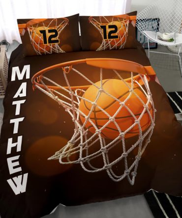 Personalized Basketball Duvet Cover Set, Basketball Ball Player Gift Idea Orange Duvet Cover & Pillowcases, Custom Name Number Bedding Set