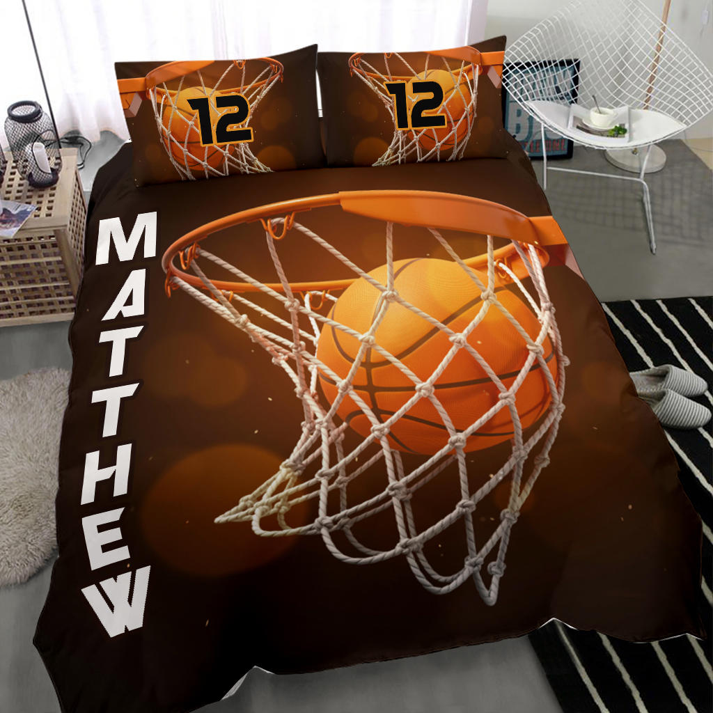 Personalized Basketball Duvet Cover Set, Basketball Ball Player Gift Idea Orange Duvet Cover & Pillowcases, Custom Name Number Bedding Set