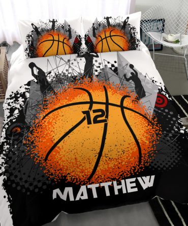 Personalized Basketball Duvet Cover Set, Basketball Ball Black Dot Pattern Player Fan Duvet Cover & Pillowcases, Custom Name Number Bedding Set