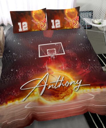 Personalized Basketball Duvet Cover Set, Basketball Fire Ball Player Gift Red Orange Duvet Cover & Pillowcases, Custom Name Number Bedding Set