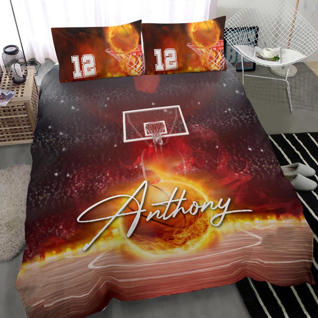 Personalized Basketball Duvet Cover Set, Basketball Fire Ball Player Gift Red Orange Duvet Cover & Pillowcases, Custom Name Number Bedding Set