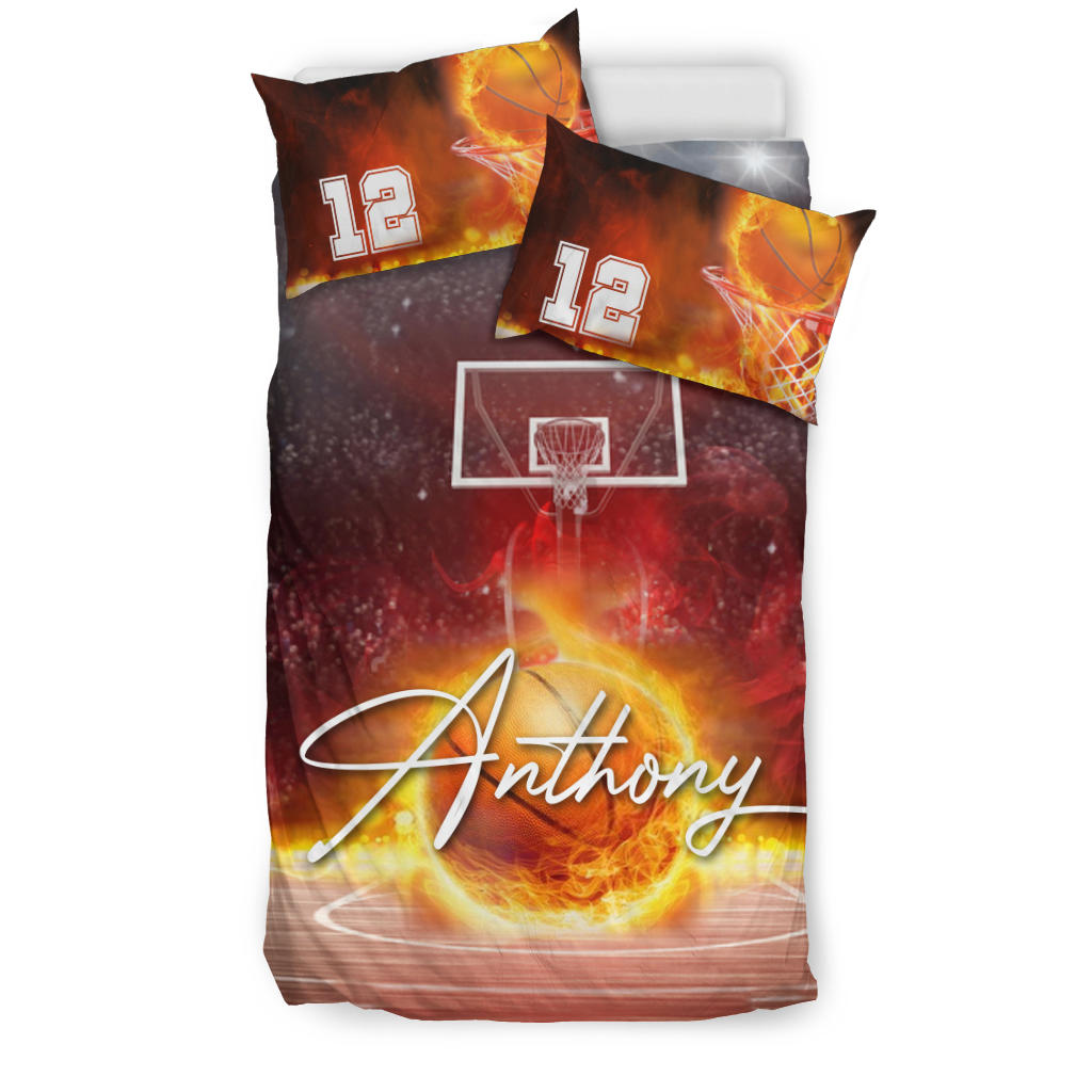 Personalized Basketball Duvet Cover Set, Basketball Fire Ball Player Gift Red Orange Duvet Cover & Pillowcases, Custom Name Number Bedding Set - Image 2