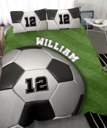 Personalized Soccer Duvet Cover Set, Soccer Ball Pitch Player Gift Idea Green Duvet Cover & Pillowcases, Custom Name Number Bedding Set