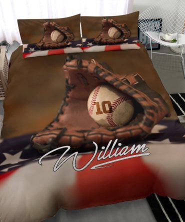 Personalized Baseball Duvet Cover Set, Baseball Ball Glove America Flag Player Gift Duvet Cover & Pillowcases, Custom Name Number Bedding Set
