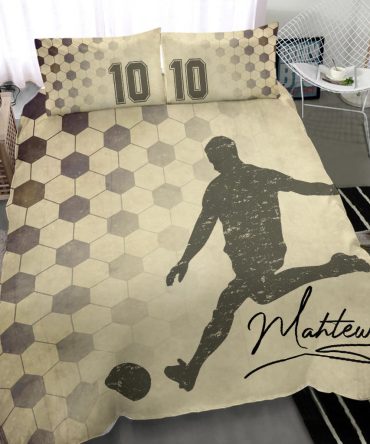 Personalized Soccer Duvet Cover Set, Soccer Ball Pattern Beige Vintage Player Fan Duvet Cover & Pillowcases, Custom Name Number Bedding Set