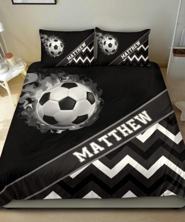 Personalized Soccer Duvet Cover Set, Soccer Ball Zig Zag Smoke Player Gift Black Duvet Cover & Pillowcases, Custom Name Number Bedding Set
