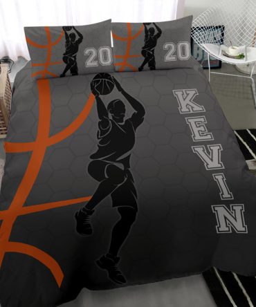 Personalized Basketball Duvet Cover Set, Basketball Boy Contour Ball Player Gift Grey Duvet Cover & Pillowcases, Custom Name Number Bedding Set