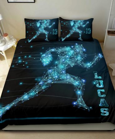 Personalized Football Duvet Cover Set, Football Digital Line Player Gift Idea Blue Duvet Cover & Pillowcases, Custom Name Number Bedding Set