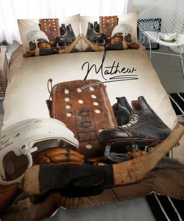 Personalized Hockey Duvet Cover Set, Hockey Stuff Puck Vintage Beige Player Gift Idea Duvet Cover & Pillowcases, Custom Name Bedding Set