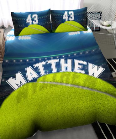 Personalized Tennis Duvet Cover Set, Tennis Ball Stadium Player Gift Green Blue Duvet Cover & Pillowcases, Custom Name Number Bedding Set