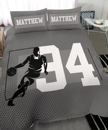 Personalized Basketball Duvet Cover Set, Basketball Boy Grey Player Gift Dot Pattern Duvet Cover & Pillowcases, Custom Name Number Bedding Set