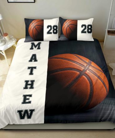 Personalized Basketball Duvet Cover Set, Basketball Ball 3D Player Gift Black Beige Duvet Cover & Pillowcases, Custom Name Number Bedding Set