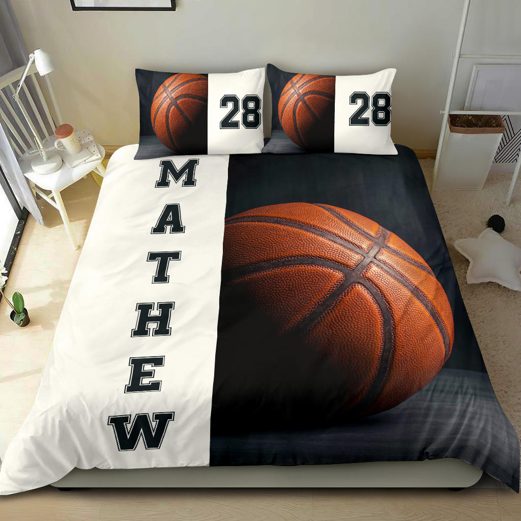 Personalized Basketball Duvet Cover Set, Basketball Ball 3D Player Gift Black Beige Duvet Cover & Pillowcases, Custom Name Number Bedding Set