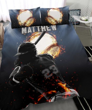 Personalized Baseball Duvet Cover Set, Baseball Boy Fire Ball Batter Pose Player Duvet Cover & Pillowcases, Custom Name Number Bedding Set