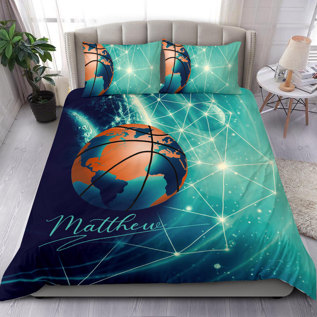 Personalized Basketball Duvet Cover Set, Basketball Ball Earth Player Gift Idea Turquoise Duvet Cover & Pillowcases, Custom Name Bedding Set