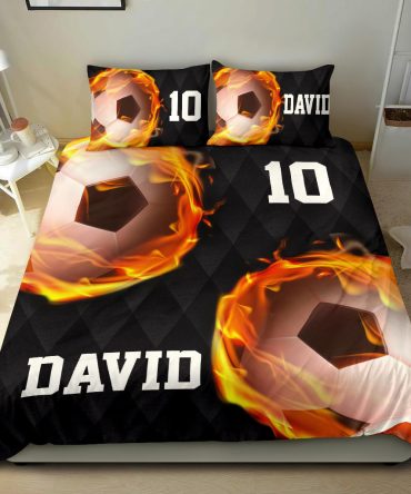Personalized Soccer Duvet Cover Set, Soccer Fire Ball Player Unique Gift Black Duvet Cover & Pillowcases, Custom Name Number Bedding Set