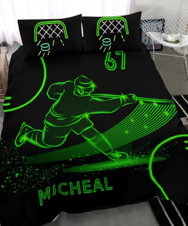 Personalized Hockey Duvet Cover Set, Ice Hockey Neon Green Player Gift Idea Black Duvet Cover & Pillowcases, Custom Name Number Bedding Set