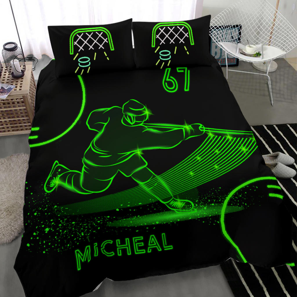Personalized Hockey Duvet Cover Set, Ice Hockey Neon Green Player Gift Idea Black Duvet Cover & Pillowcases, Custom Name Number Bedding Set