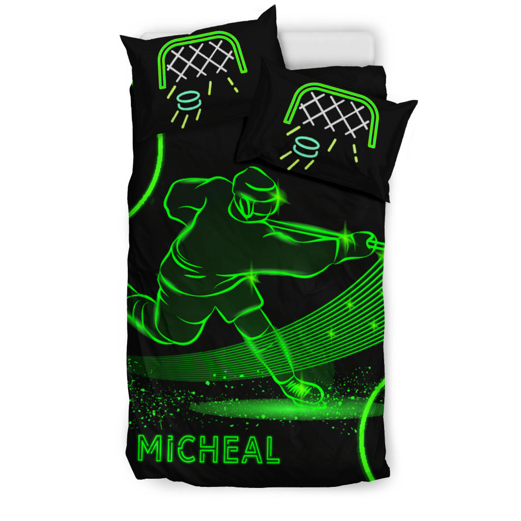 Personalized Hockey Duvet Cover Set, Ice Hockey Neon Green Player Gift Idea Black Duvet Cover & Pillowcases, Custom Name Number Bedding Set - Image 2