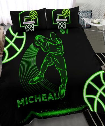 Personalized Basketball Duvet Cover Set, Basketball Boy Neon Green Player Gift Idea Duvet Cover & Pillowcases, Custom Name Number Bedding Set