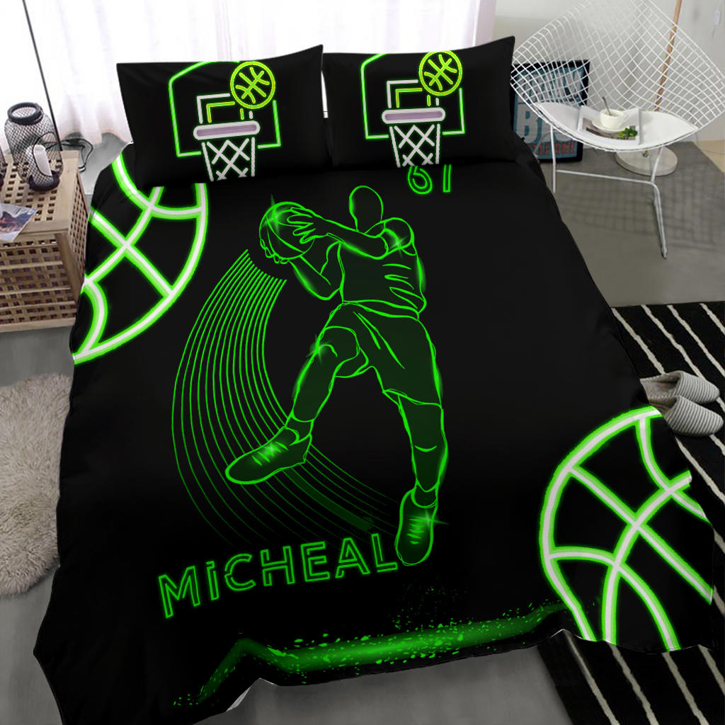 Personalized Basketball Duvet Cover Set, Basketball Boy Neon Green Player Gift Idea Duvet Cover & Pillowcases, Custom Name Number Bedding Set