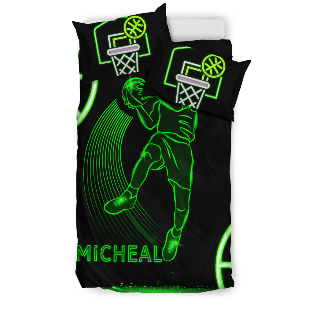 Personalized Basketball Duvet Cover Set, Basketball Boy Neon Green Player Gift Idea Duvet Cover & Pillowcases, Custom Name Number Bedding Set - Image 2