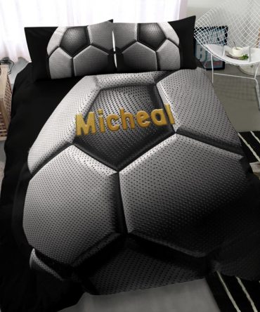 Personalized Soccer Duvet Cover Set, Soccer Ball 3D Memory Player Gift Idea Black Duvet Cover & Pillowcases, Custom Name Number Bedding Set