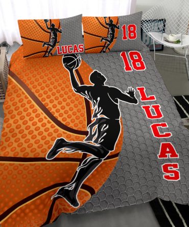 Personalized Basketball Duvet Cover Set, Basketball Boy Slam Dunk Player Gift Grey Duvet Cover & Pillowcases, Custom Name Number Bedding Set
