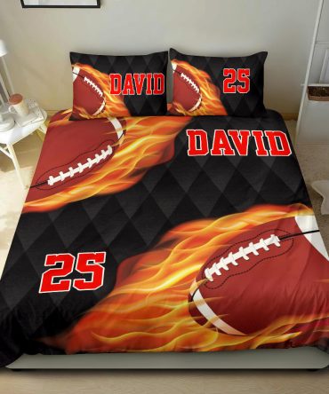 Personalized Football Duvet Cover Set, Football Fire Ball Player Gift Idea Black Duvet Cover & Pillowcases, Custom Name Number Bedding Set
