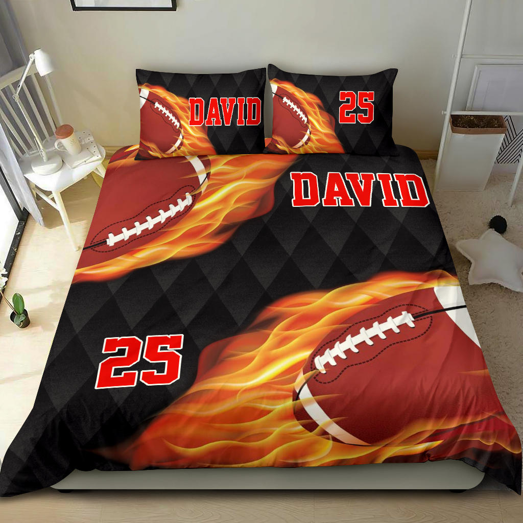 Personalized Football Duvet Cover Set, Football Fire Ball Player Gift Idea Black Duvet Cover & Pillowcases, Custom Name Number Bedding Set - Image 2