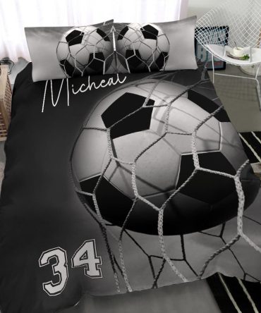 Personalized Soccer Duvet Cover Set, Soccer Ball Grey Black Player Gift Idea Duvet Cover & Pillowcases, Custom Name Number Bedding Set