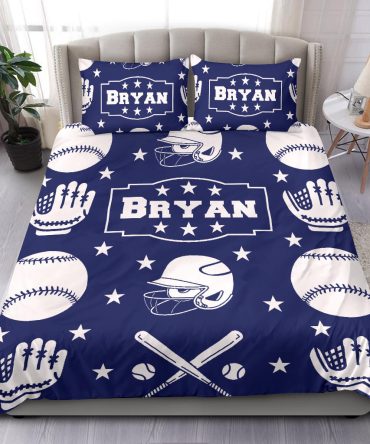 Personalized Baseball Duvet Cover Set, Baseball Boy Ball Helmet Player Gift Idea Blue Duvet Cover & Pillowcases, Custom Name Bedding Set