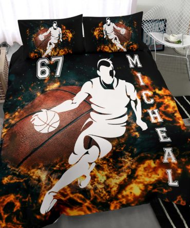 Personalized Basketball Duvet Cover Set, Basketball Boy Fire Player Gift Idea Duvet Cover & Pillowcases, Custom Name Number Bedding Set